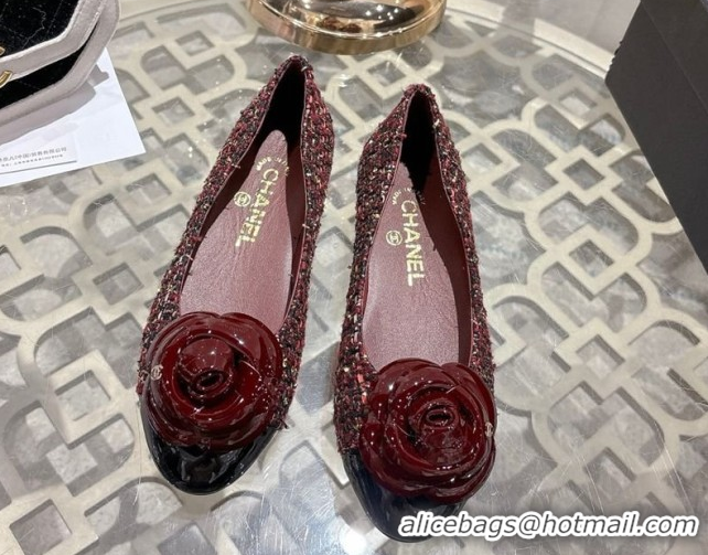 Stylish Chanel Tweed & Patent Leather Ballet Flats with Camellia Bloom CH030704 Burgundy 2026