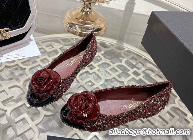 Stylish Chanel Tweed & Patent Leather Ballet Flats with Camellia Bloom CH030704 Burgundy 2026