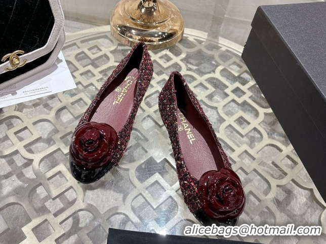 Stylish Chanel Tweed & Patent Leather Ballet Flats with Camellia Bloom CH030704 Burgundy 2026