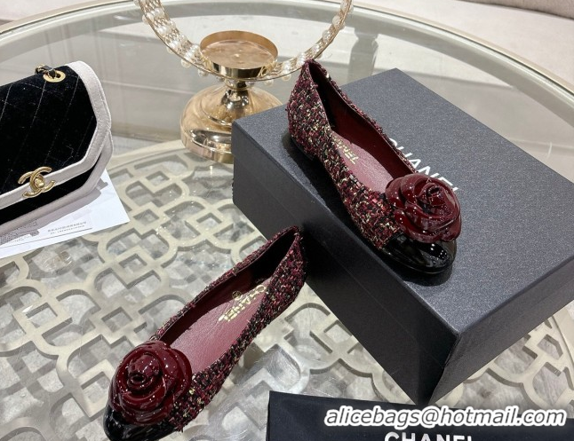 Stylish Chanel Tweed & Patent Leather Ballet Flats with Camellia Bloom CH030704 Burgundy 2026