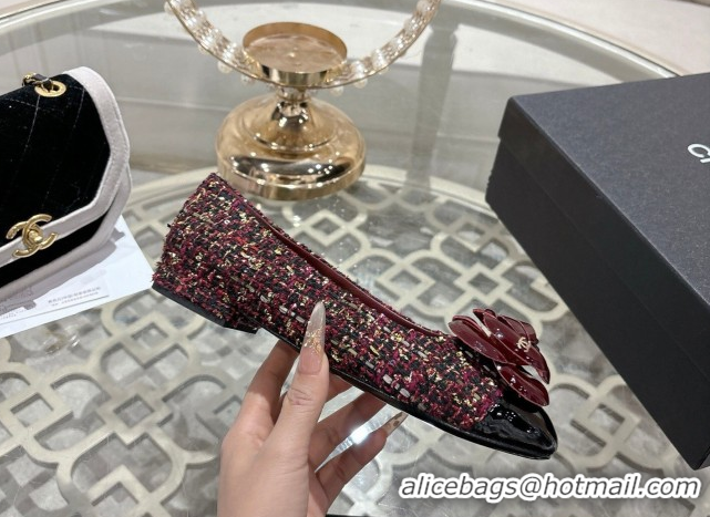 Stylish Chanel Tweed & Patent Leather Ballet Flats with Camellia Bloom CH030704 Burgundy 2026