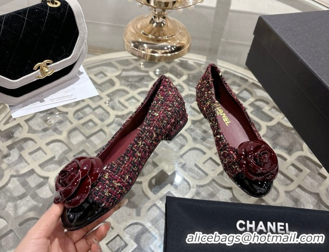 Stylish Chanel Tweed & Patent Leather Ballet Flats with Camellia Bloom CH030704 Burgundy 2026