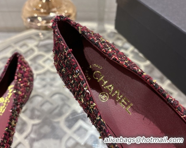Stylish Chanel Tweed & Patent Leather Ballet Flats with Camellia Bloom CH030704 Burgundy 2026