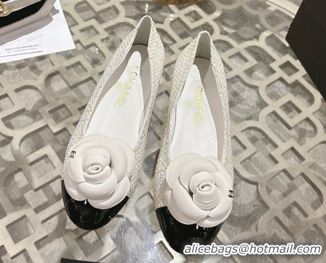 Cheap Price Chanel Tweed & Patent Leather Ballet Flats with Camellia Bloom CH030704 White 2026