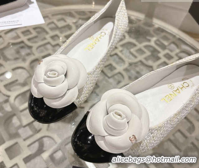 Cheap Price Chanel Tweed & Patent Leather Ballet Flats with Camellia Bloom CH030704 White 2026