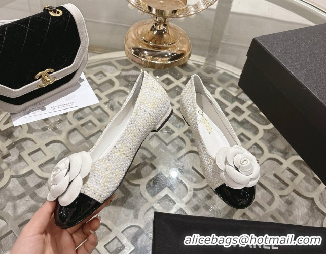 Cheap Price Chanel Tweed & Patent Leather Ballet Flats with Camellia Bloom CH030704 White 2026