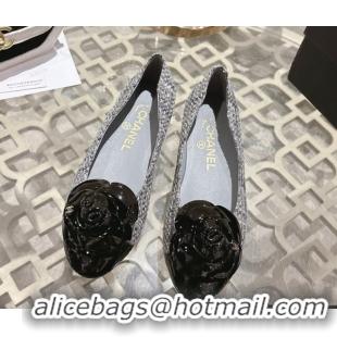Luxury Cheap Chanel Tweed & Patent Leather Ballet Flats with Camellia Bloom CH030704 Grey 2026