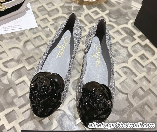 Luxury Cheap Chanel Tweed & Patent Leather Ballet Flats with Camellia Bloom CH030704 Grey 2026