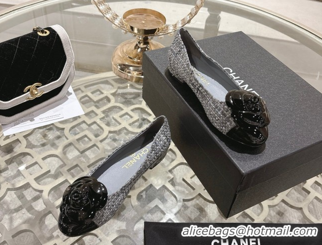 Luxury Cheap Chanel Tweed & Patent Leather Ballet Flats with Camellia Bloom CH030704 Grey 2026