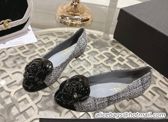 Luxury Cheap Chanel Tweed & Patent Leather Ballet Flats with Camellia Bloom CH030704 Grey 2026
