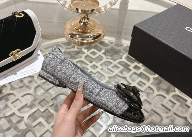 Luxury Cheap Chanel Tweed & Patent Leather Ballet Flats with Camellia Bloom CH030704 Grey 2026