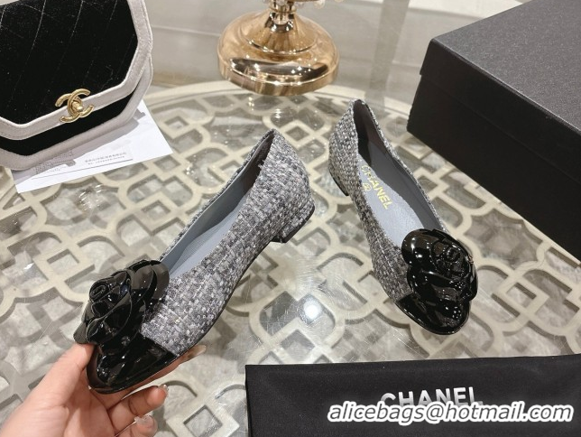 Luxury Cheap Chanel Tweed & Patent Leather Ballet Flats with Camellia Bloom CH030704 Grey 2026