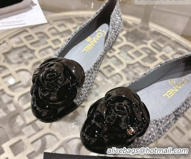 Luxury Cheap Chanel Tweed & Patent Leather Ballet Flats with Camellia Bloom CH030704 Grey 2026