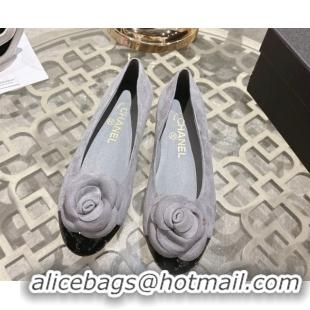 Luxury Chanel Suede & Patent Leather Ballet Flats with Camellia Bloom CH030704 Grey 2026