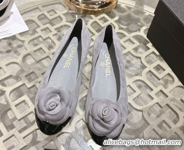 Luxury Chanel Suede & Patent Leather Ballet Flats with Camellia Bloom CH030704 Grey 2026