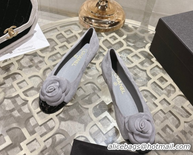 Luxury Chanel Suede & Patent Leather Ballet Flats with Camellia Bloom CH030704 Grey 2026