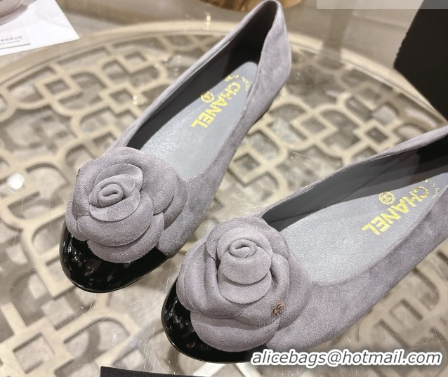 Luxury Chanel Suede & Patent Leather Ballet Flats with Camellia Bloom CH030704 Grey 2026