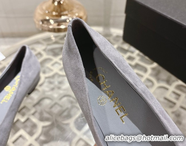 Luxury Chanel Suede & Patent Leather Ballet Flats with Camellia Bloom CH030704 Grey 2026