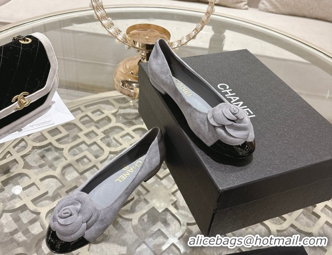 Luxury Chanel Suede & Patent Leather Ballet Flats with Camellia Bloom CH030704 Grey 2026