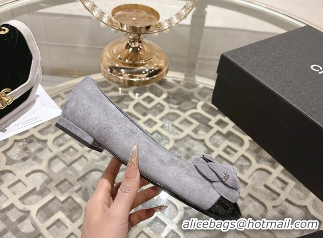 Luxury Chanel Suede & Patent Leather Ballet Flats with Camellia Bloom CH030704 Grey 2026