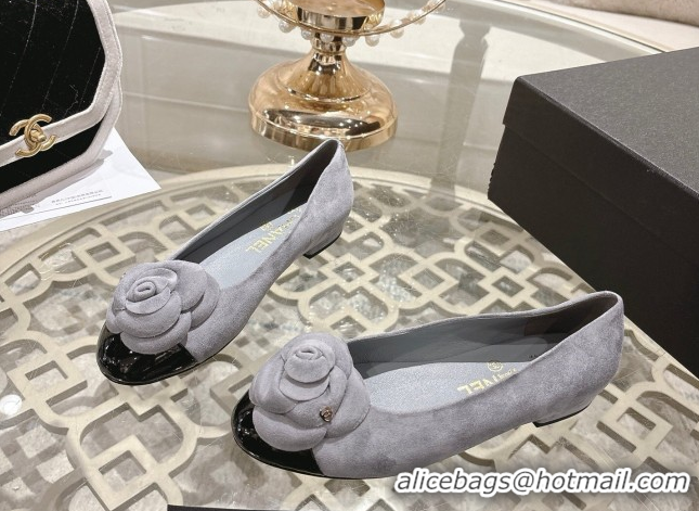Luxury Chanel Suede & Patent Leather Ballet Flats with Camellia Bloom CH030704 Grey 2026