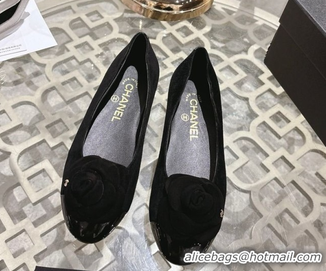 Popular Style Chanel Suede & Patent Leather Ballet Flats with Camellia Bloom CH030704 Black 2026