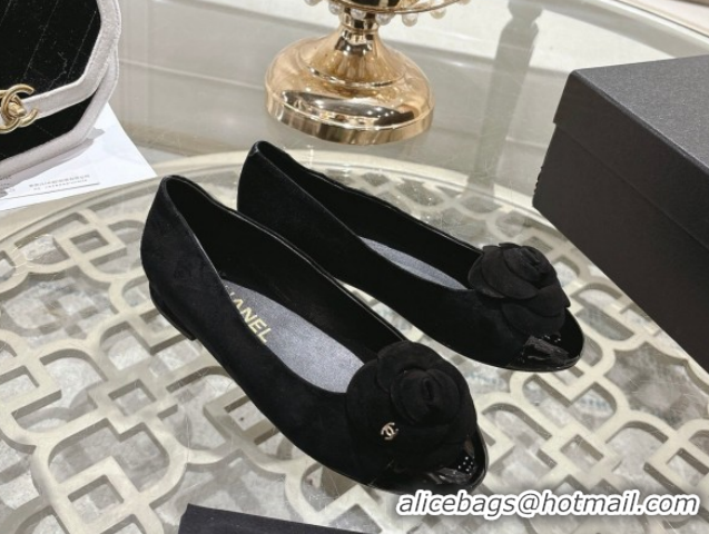Popular Style Chanel Suede & Patent Leather Ballet Flats with Camellia Bloom CH030704 Black 2026