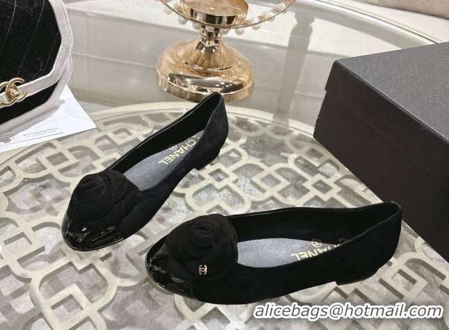 Popular Style Chanel Suede & Patent Leather Ballet Flats with Camellia Bloom CH030704 Black 2026