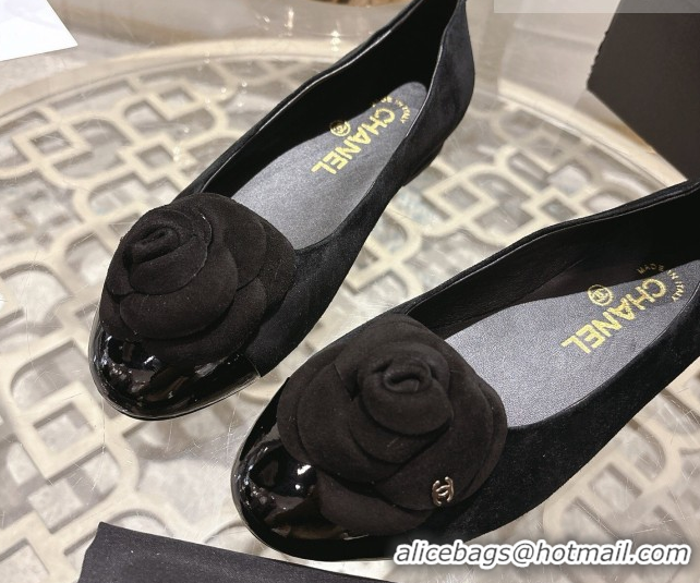 Popular Style Chanel Suede & Patent Leather Ballet Flats with Camellia Bloom CH030704 Black 2026