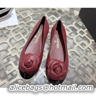 Shop Duplicate Chanel Lambskin & Patent Leather Ballet Flats with Camellia Bloom CH030704 Burgundy 2026