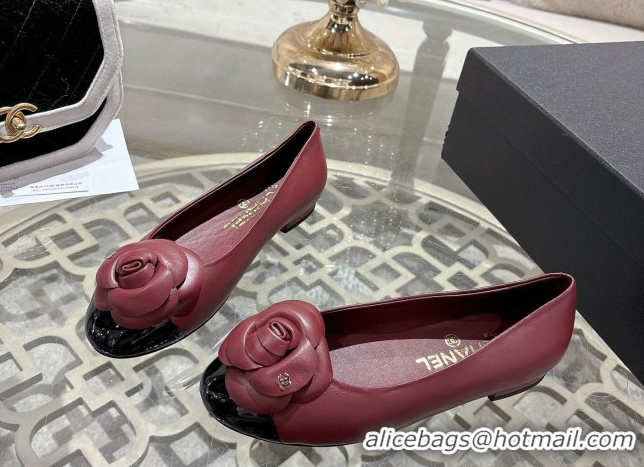 Shop Duplicate Chanel Lambskin & Patent Leather Ballet Flats with Camellia Bloom CH030704 Burgundy 2026