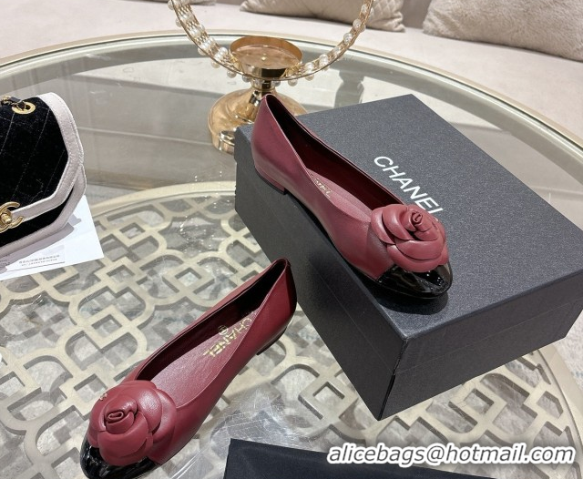 Shop Duplicate Chanel Lambskin & Patent Leather Ballet Flats with Camellia Bloom CH030704 Burgundy 2026