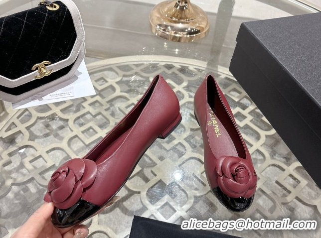Shop Duplicate Chanel Lambskin & Patent Leather Ballet Flats with Camellia Bloom CH030704 Burgundy 2026