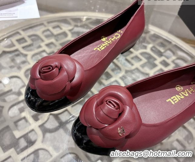 Shop Duplicate Chanel Lambskin & Patent Leather Ballet Flats with Camellia Bloom CH030704 Burgundy 2026