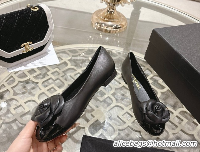 Luxury Chanel Lambskin & Patent Leather Ballet Flats with Camellia Bloom CH030704 Black 2026