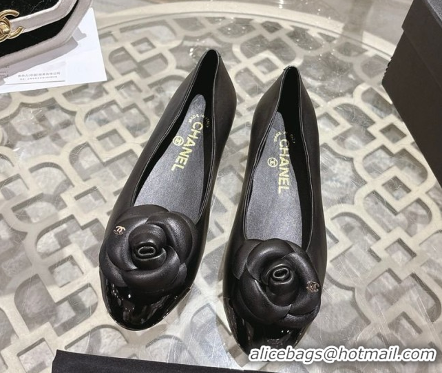 Luxury Chanel Lambskin & Patent Leather Ballet Flats with Camellia Bloom CH030704 Black 2026