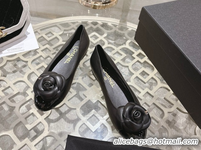 Luxury Chanel Lambskin & Patent Leather Ballet Flats with Camellia Bloom CH030704 Black 2026