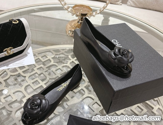 Luxury Chanel Lambskin & Patent Leather Ballet Flats with Camellia Bloom CH030704 Black 2026