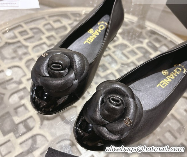 Luxury Chanel Lambskin & Patent Leather Ballet Flats with Camellia Bloom CH030704 Black 2026