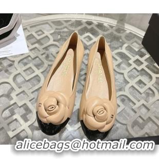 Charming Chanel Lambskin & Patent Leather Ballet Flats with Camellia Bloom CH030704 Beige 2026