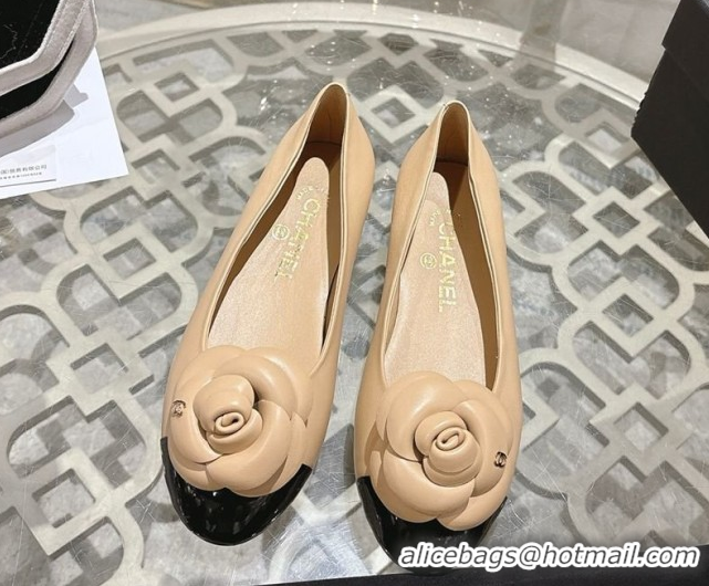 Charming Chanel Lambskin & Patent Leather Ballet Flats with Camellia Bloom CH030704 Beige 2026