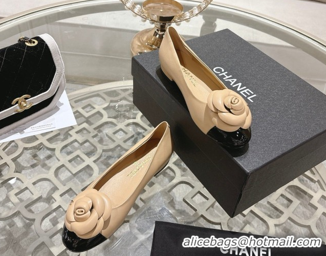 Charming Chanel Lambskin & Patent Leather Ballet Flats with Camellia Bloom CH030704 Beige 2026