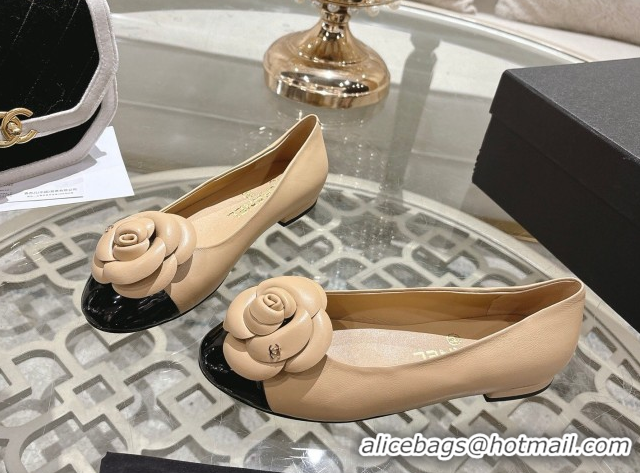 Charming Chanel Lambskin & Patent Leather Ballet Flats with Camellia Bloom CH030704 Beige 2026