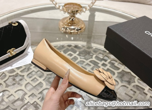 Charming Chanel Lambskin & Patent Leather Ballet Flats with Camellia Bloom CH030704 Beige 2026