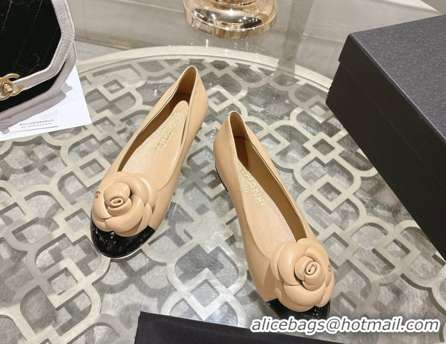 Charming Chanel Lambskin & Patent Leather Ballet Flats with Camellia Bloom CH030704 Beige 2026