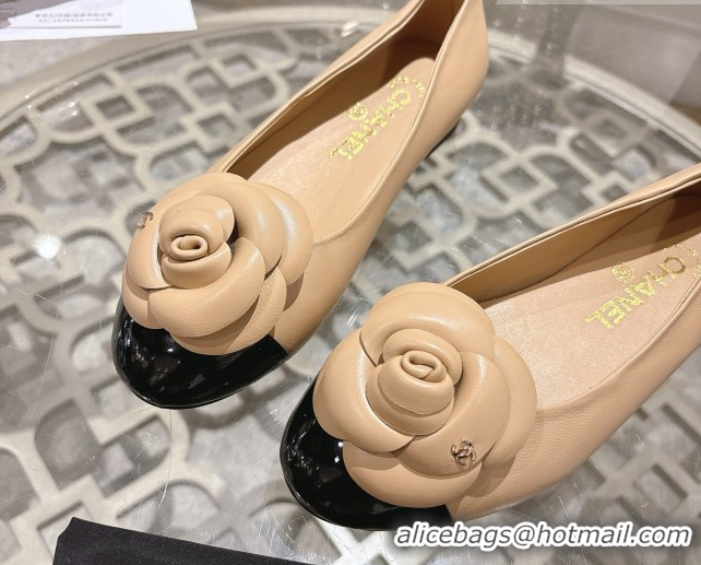 Charming Chanel Lambskin & Patent Leather Ballet Flats with Camellia Bloom CH030704 Beige 2026