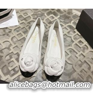 Hot Style Chanel Lambskin & Patent Leather Ballet Flats with Camellia Bloom CH030704 White 2026