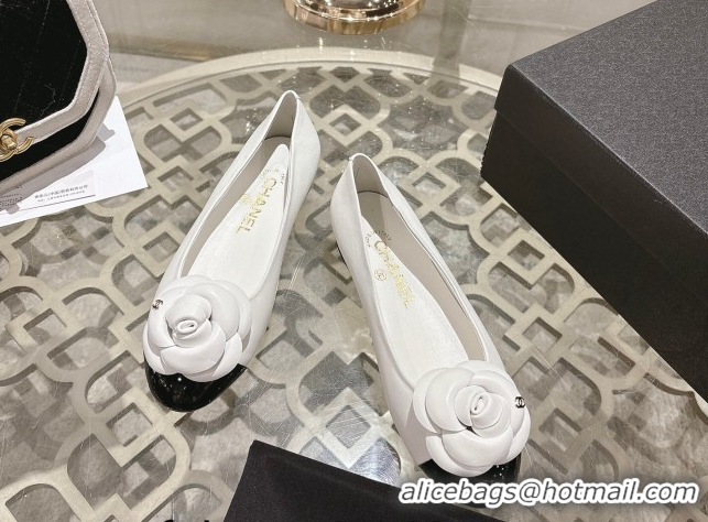 Hot Style Chanel Lambskin & Patent Leather Ballet Flats with Camellia Bloom CH030704 White 2026