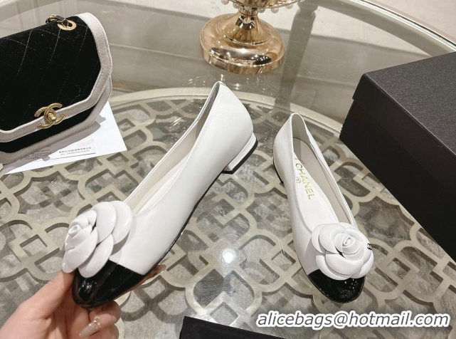 Hot Style Chanel Lambskin & Patent Leather Ballet Flats with Camellia Bloom CH030704 White 2026