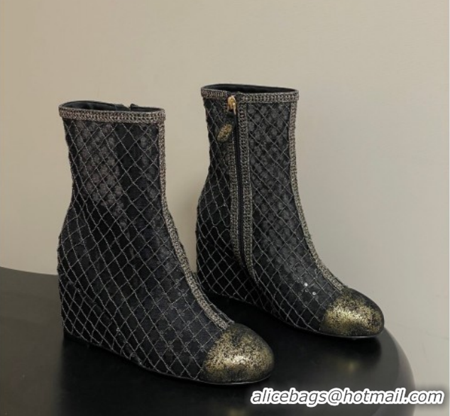 Duplicate Chanel Sequins and Mesh Wedge Ankle Boots 7.5cm CH030705 Black 2026